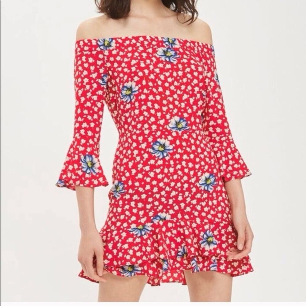 Topshop Floral Off the Shoulder Long Bell Sleeve Bardot Mini Dress Red Size 2